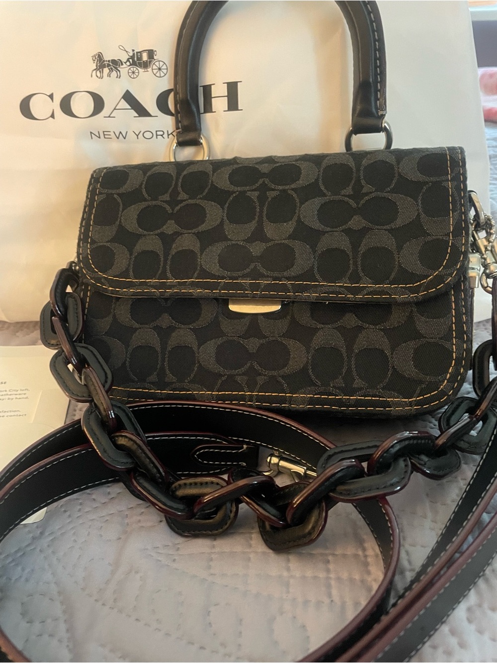 Coach Black Signature Satchel with Chunky Chain Strap